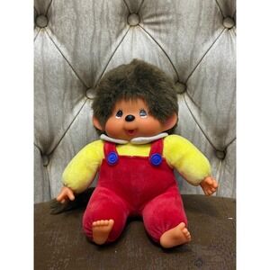 Vintage Monchhichi Sekiguchi Monkey Plush Doll Red Overalls Yellow Shirt 1974
